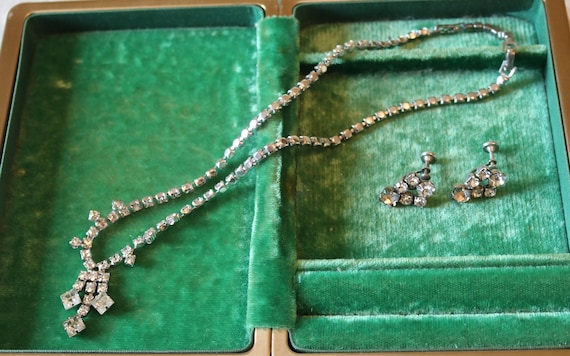 Vintage Rhinestone Necklace and Earrings Set, Mid… - image 1
