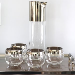 Mid-Century Silver Band Bar Set: Mixing Glass & Roly Poly Glasses, 1960s