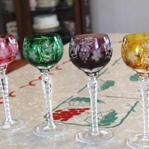 Vintage Bohemian Cut Crystal Wine Glasses: Colorful Floral Design, Set of 4