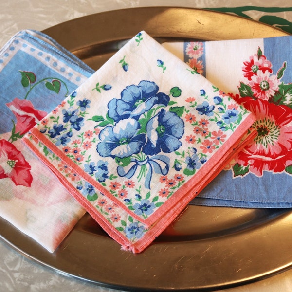 Summer Vintage Blue Floral Hankies 3-Piece Set, Midcentury Accessories