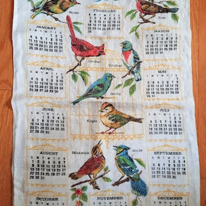 Bird Calendar Vintage Tea Towel 1976 Kitchen Towel