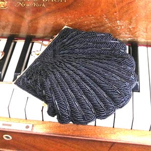 Vintage Black Beaded Clamshell Shape Evening Bag, Midcentury Fashion Accessory