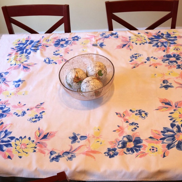 Pretty Pastel Floral Vintage Tablecloth, Midcentury Flower Table Linens