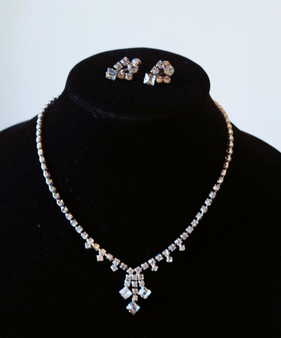 Vintage Rhinestone Necklace and Earrings Set, Mid… - image 2