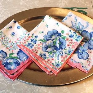 Pretty Blue Floral Hankies 3-Piece Set, Vintage Blue Handkerchiefs