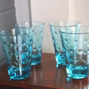 Capri Dots Turquoise Blue Vintage Juice Glasses, Hazel Atlas Retro Glassware 4 Piece Set