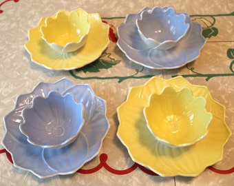 Sweet Summer Floral Milk Glass Bowl and Plate Set for 4, Retro Anchor Hocking