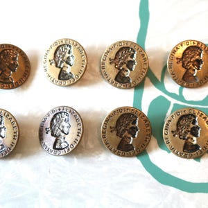 British Theme Buttons, Young Queen Elizabeth Vintage Sewing Buttons 8 Piece Set