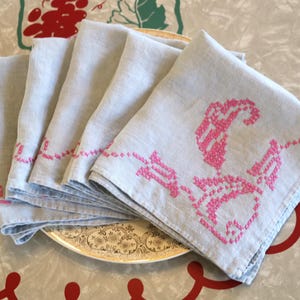 Vintage Linen Napkins - Pink Cross Stitch, Set of 6