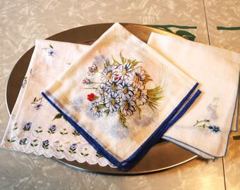 Vintage Blue Floral Hankies 3-Piece Set, Midcentury Handkerchief Set