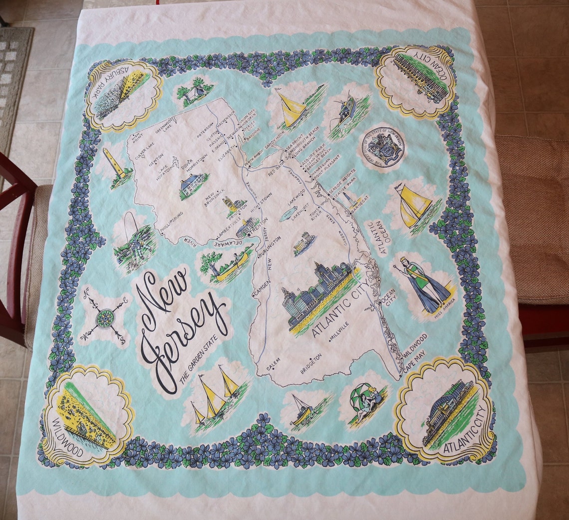 Vintage New Jersey Tablecloth NJ Souvenir Rare Garden State Etsy