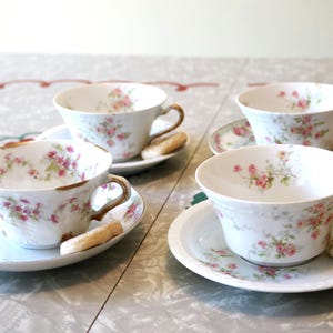 Antique Limoges Floral Tea Cup Set for 4, Vintage Pink Floral Tea Cups and Saucers, Mix and Match Elegant Tea Set, 1900s Teacup Saucer Set