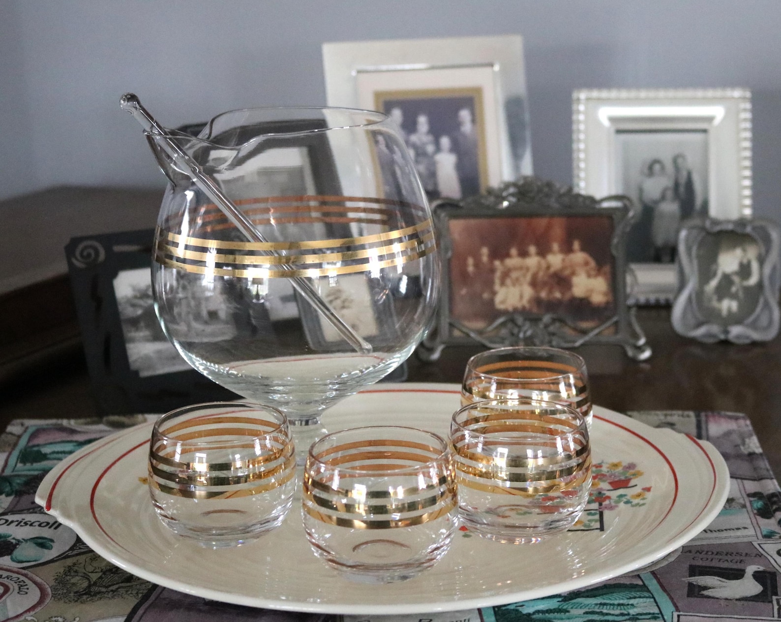 Vintage Martini Ball Pitcher with Stirrer and 4 Glasses, Midcentury Gold Stripe Barware