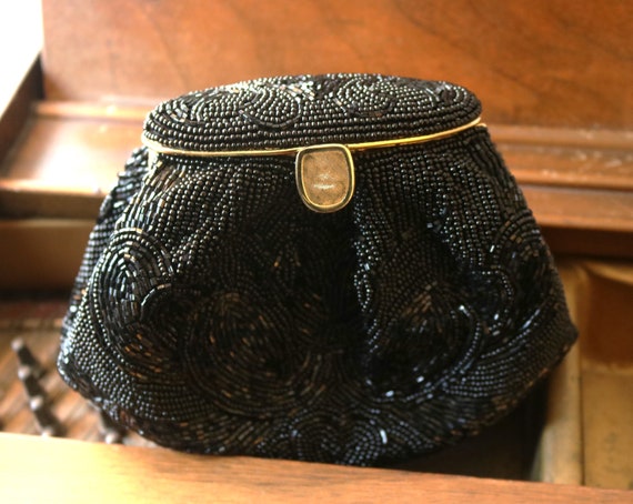 Beautiful Black Beaded Purse Clutch Evening Bag, … - image 1