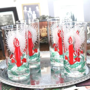 Fab Fred Press Holiday Barware, Candle Holly Christmas Glassware 4 Piece Set