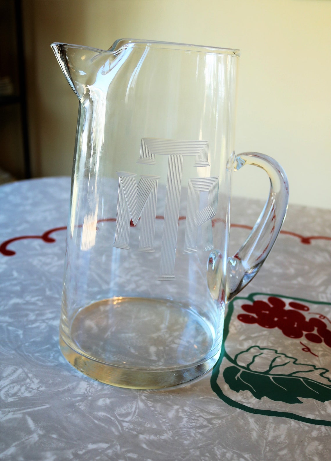Vintage Etched Glass Barware Pitcher with Monogram Initials Etsy