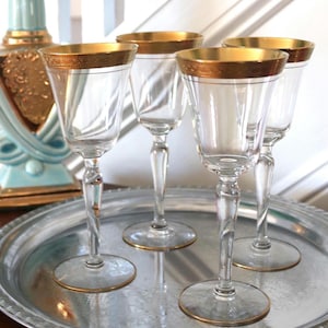 Vintage Gold Rim Wine Glasses - Glastonbury Lotus Bracelet Pattern - 4-Piece Set