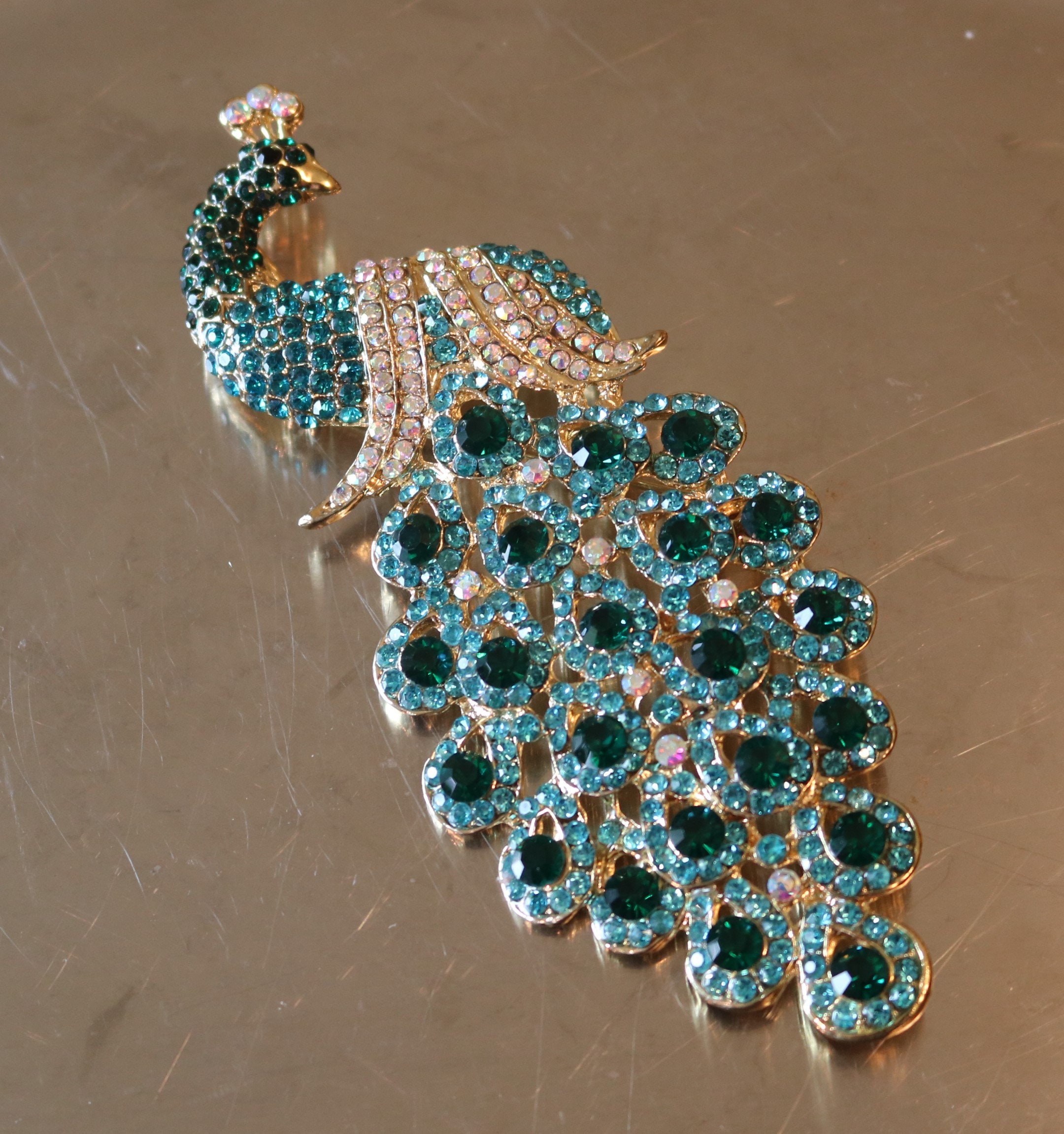 Peacock at a Fountain Sterling Silver Rhinestones Theda Brooch