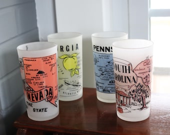 Vintage State Souvenir Glass Assortment, Pennsylvania Nevada Georgia South Carolina Glassware 4-Piece Mix-Match Set