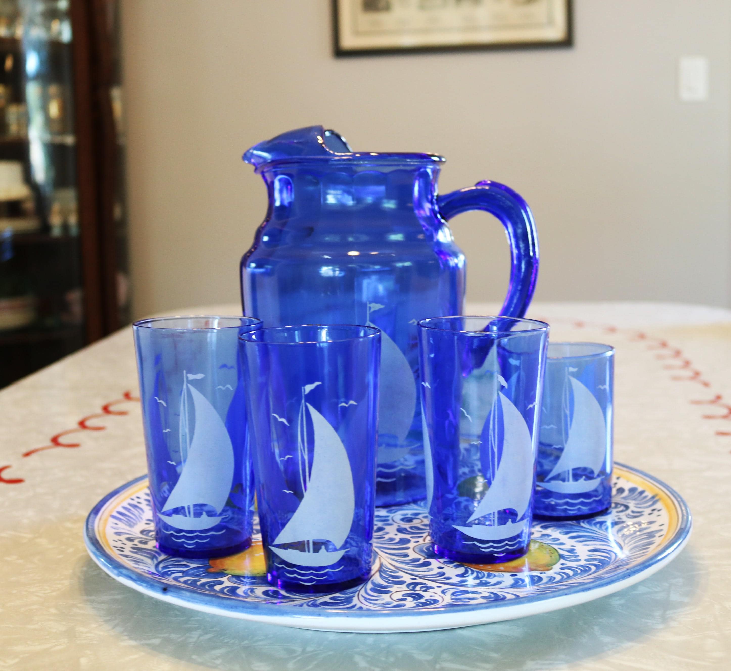 Vintage Blue Sailboat Pitcher - Etsy
