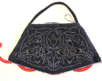 Vintage Petite Black Beaded Evening Purse, Elegant Small Evening Bag