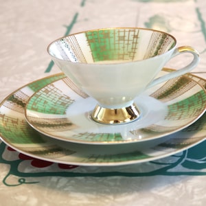 Vintage Winterling Bavaria Tea Cup Trio: Green Gold Art Deco Porcelain