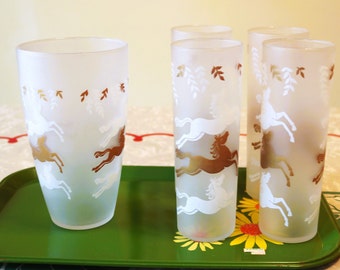 Retro Horse Barware Set for 4, Libbey Cavalcade Glasses with Mixing Glass