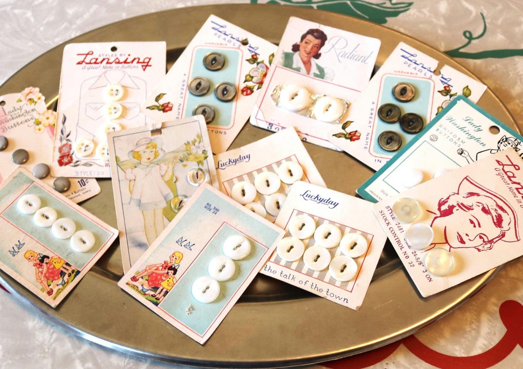 Retro Buttons on Original Vintage Cards With Illustrations, 12 Cards ...