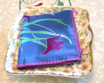 Vera Neumann Vintage Floral Scarf, Midcentury Blue Purple Silk Accessory