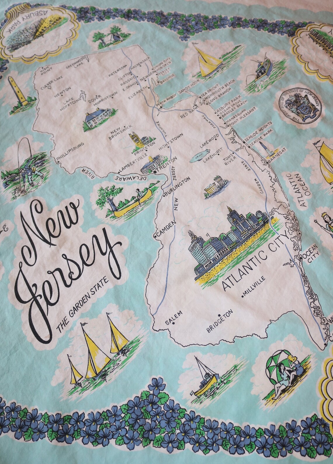 Vintage New Jersey Tablecloth NJ Souvenir Rare Garden State Etsy
