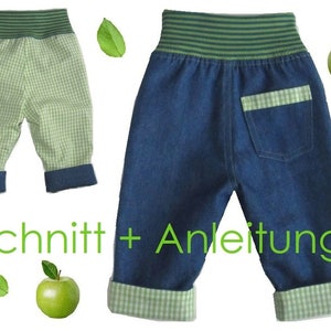 May include: A sewing pattern for children's pants with a green and white checkered fabric and a blue denim fabric. The pattern includes instructions for sewing the pants. The text on the image reads "Schnitt + Anleitung".