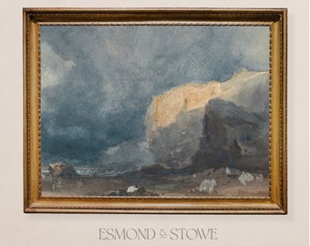 May include: A framed watercolor painting depicting a rocky seascape with stormy clouds and a glimpse of a distant shore. The painting is in a gold frame with a decorative border.