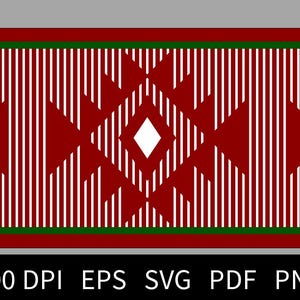 May include: A red and white geometric pattern with green borders. The pattern features a repeating diamond shape with white lines.