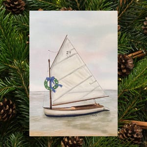 Tarjeta navideña del velero Beetlecat – Arte náutico navideño de Cape Cod