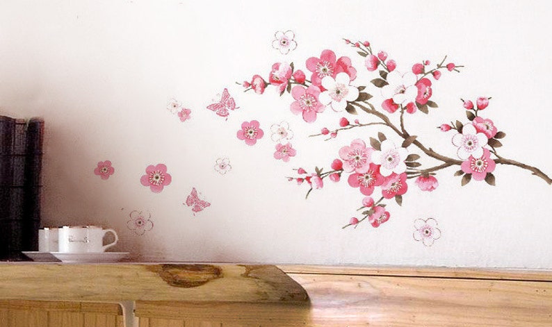 Home Decor DIY Vinyl Wall Sticker Decal with Pink white Flowers For Bedroom and Living room