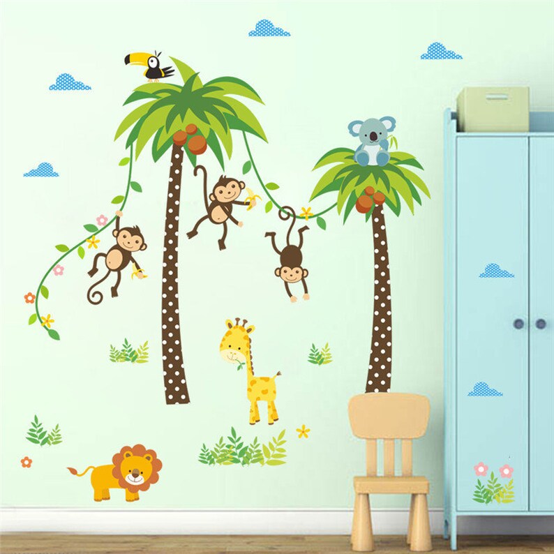 Wall Decal Animals Giraffe Lion Monkey Palm Tree Wall Stickers For Kids Room Children Nursery Bedroom Decor Daycare Home Decor Diy Sticker