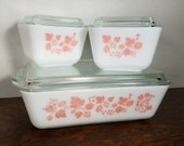 Vintage Pyrex Pink Gooseberry Milk Glass Refrigerator Dish Set of (3) with Lids 501x2 503