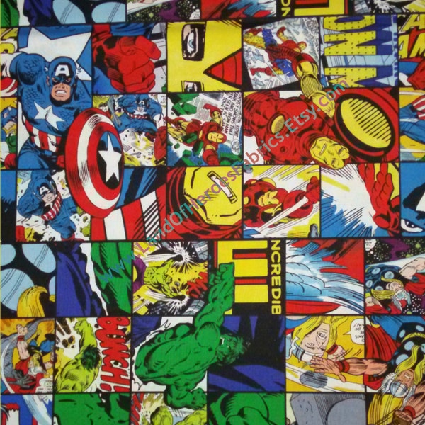 Vintage Style Cotton Marvel Comic Book Fabric featuring The Hulk, Captain America, Iron Man & Thor - By the Fat Quarter, Half-Yard or Yard
