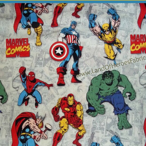 Marvel Comics Cotton Fabric with Images of Iron Man, Thor, Spiderman & More from Camelot - By the Fat Quarter, Half-Yard or Yard