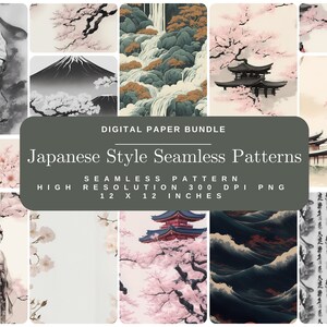 Könnte beinhalten: Ein digitales Papierpaket mit 12 nahtlosen Mustern im japanischen Stil. Die Muster zeigen Kirschblüten, Berge, Pagoden, Wellen und traditionelle japanische Kunst. Jedes Muster ist 30,48 cm x 30,48 cm groß und hat 300 DPI.