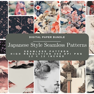 Può includere: Un pacchetto digitale di 12 motivi senza cuciture in stile giapponese. I motivi presentano fiori di ciliegio, montagne, pagode, lanterne e cascate in tonalità di rosa, blu e grigio. Ogni motivo misura 30,5 cm per 30,5 cm e 300 DPI.