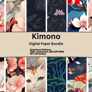 12 Kimono Digital Paper, Seamless Design, Printable Scrapbook Paper, Commercial Use, Digital Download, Fabric Printing, Clipart PNG, Sakura