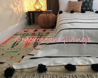 Manta marroquí con pompones | Lanzar con pompón | manta marroquí | Colcha marroquí | Ropa de cama marroquí | Algodón /79"Wx118"L/ 200Wx300L.