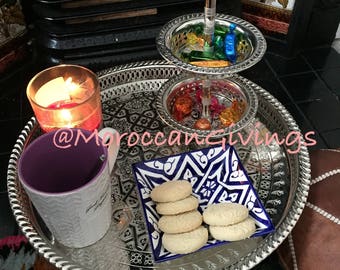 Medium Authentic Moroccan Elegant handcrafted Alpaca Silver Serving Tray/Table with screw-on legs from Fez
