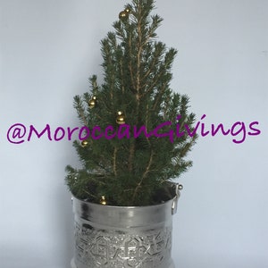 Op de afbeelding: Een kleine groenblijvende boom met gouden ornamenten is geplant in een zilveren metalen pot met een reliëfpatroon. De pot heeft een handvat en staat op drie poten.