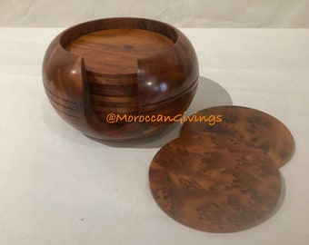 Moroccan Handmade Thuya wood | 12 PCS Round Moroccan Thuya Wood Coasters with Holder | Set Of 12 Coarsters | Wooden Rustic Drink Coasters,