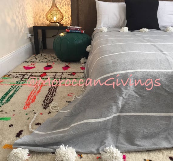 Moroccan hand woven Pom Pom Blanket /100% natural Cotton,79"Wx118"L/ 200Wx300L. 