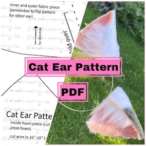 Peut inclure: Un patron de couture numérique PDF pour oreilles de chat avec texte explicatif, schémas et étiquettes. L'image montre une paire d'oreilles de chat en fausse fourrure blanche et rose sur un serre-tête, avec le texte Cat Ear Pattern et PDF.