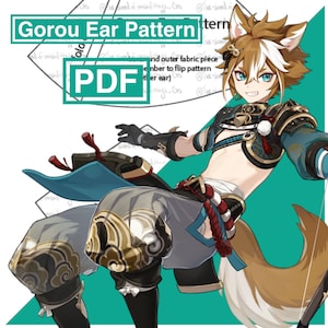 May include: A digital illustration of a character from the video game Genshin Impact. The character is a young man with brown hair and fox ears. He is wearing a blue and gold outfit with a white sash. The image is labeled "Gorou Ear Pattern PDF".