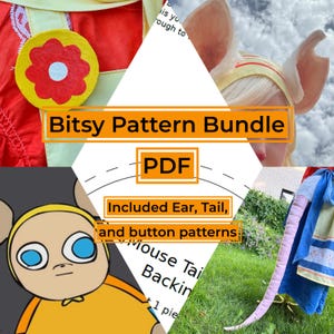 Può includere: Un collage che mostra un PDF di "Bitsy Pattern Bundle". L'immagine include un topo dei cartoni animati, una coda di topo e una fascia per la testa con grandi orecchie. Il testo indica che il pacchetto include modelli di orecchie, coda e bottoni.